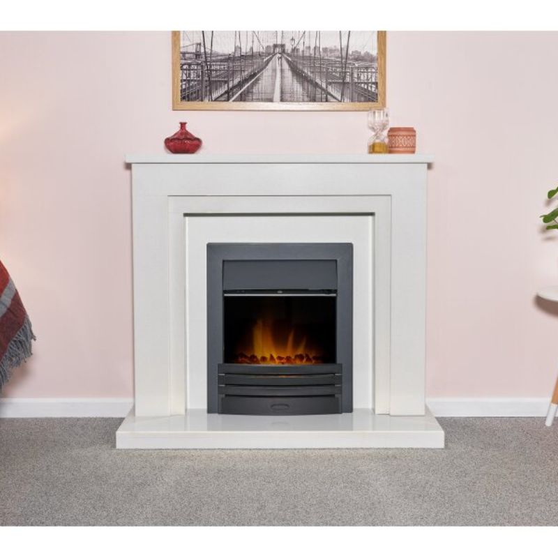 Acantha Dallas White Marble Fireplace with Downlights & Eclipse Electric Fire in Black, 42 Inch