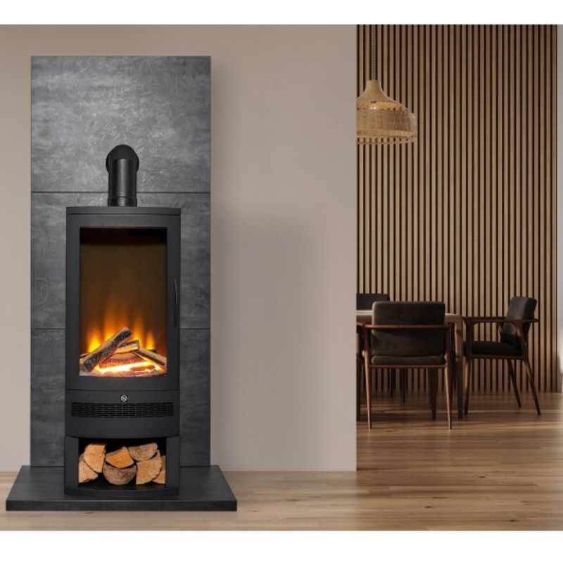 Acantha Horizon Electric Stove with Log Storage & Angled Stove Pipe in Black