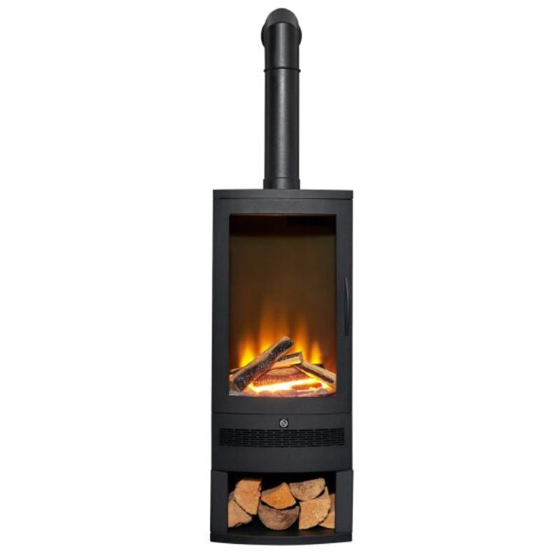Acantha Horizon Electric Stove with Log Storage & Tall Angled Stove Pipe in Black