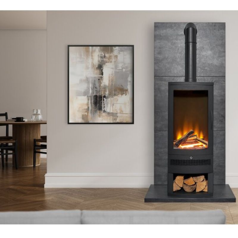 Acantha Horizon Electric Stove with Log Storage & Tall Angled Stove Pipe in Black