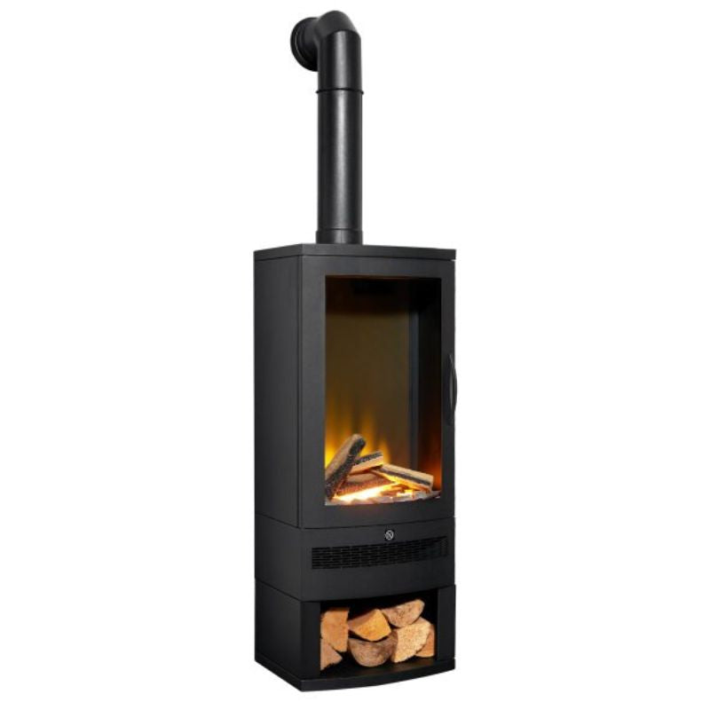 Acantha Horizon Electric Stove with Log Storage & Tall Angled Stove Pipe in Black