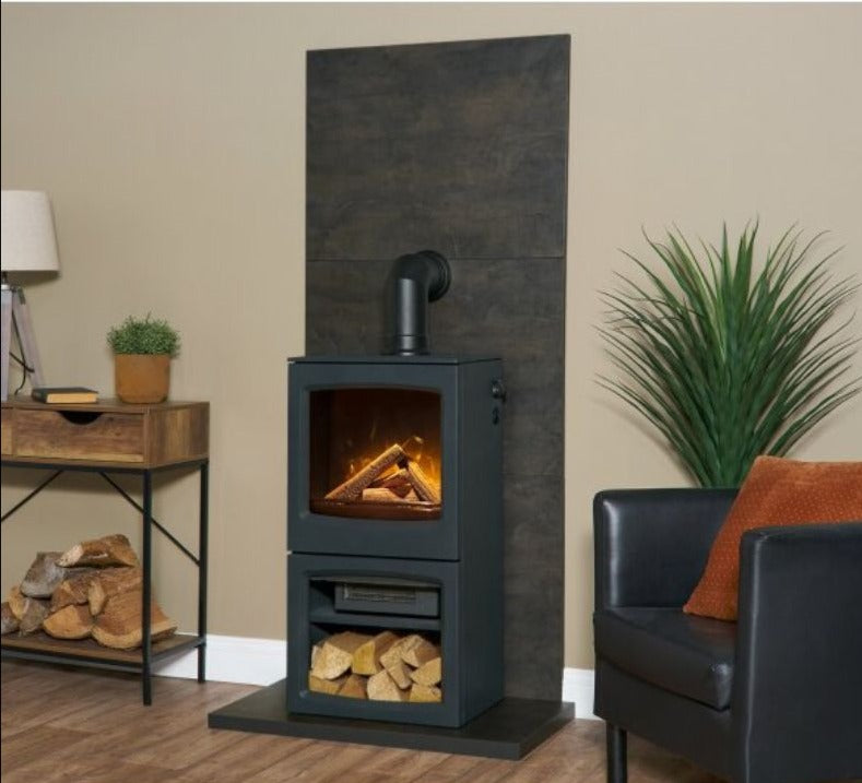 Acantha Lunar XL Electric Stove in Charcoal Grey with Short Angled Pipe in Black