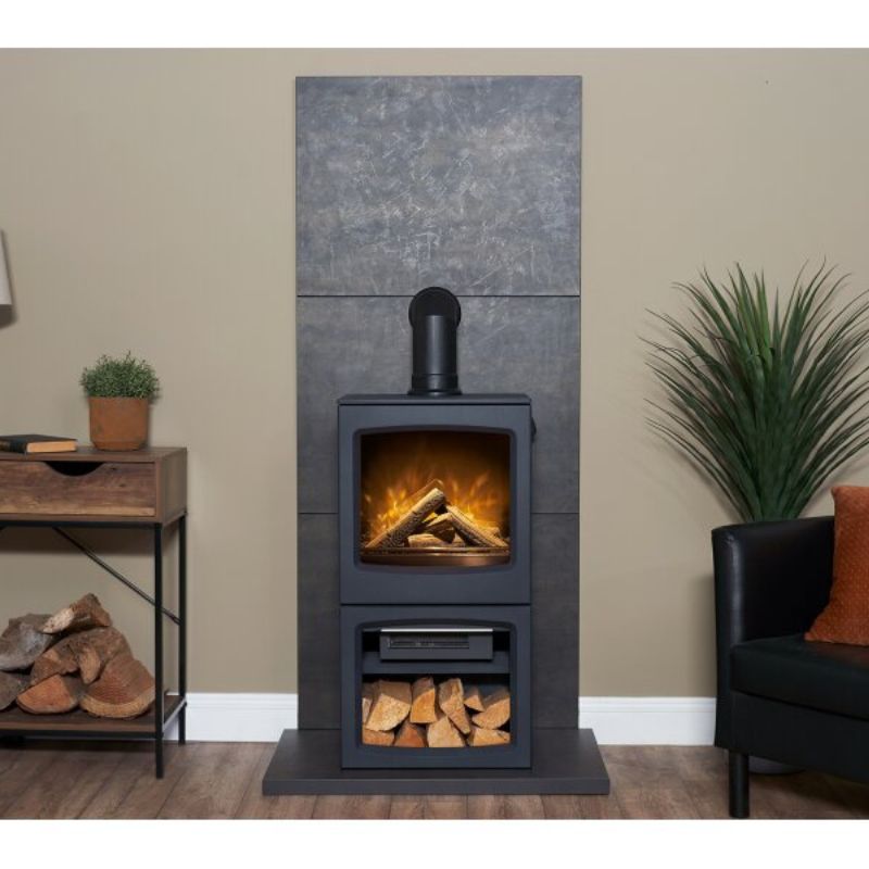 Acantha Lunar XL Electric Stove in Charcoal Grey with Short Angled Pipe in Black