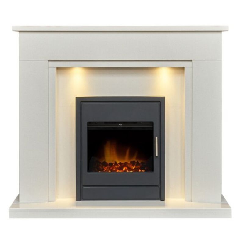 Acantha Maine White Marble Fireplace with Downlights & Alta Electric Inset Stove in Black, 48 Inch