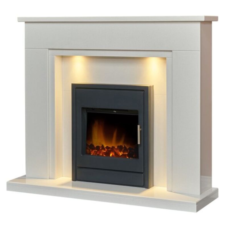 Acantha Maine White Marble Fireplace with Downlights & Alta Electric Inset Stove in Black, 48 Inch