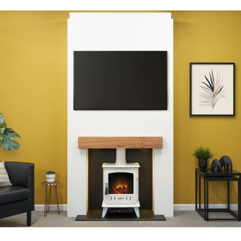 Acantha Pre-Built Stove Media Wall 1 with Aviemore Electric Stove in White