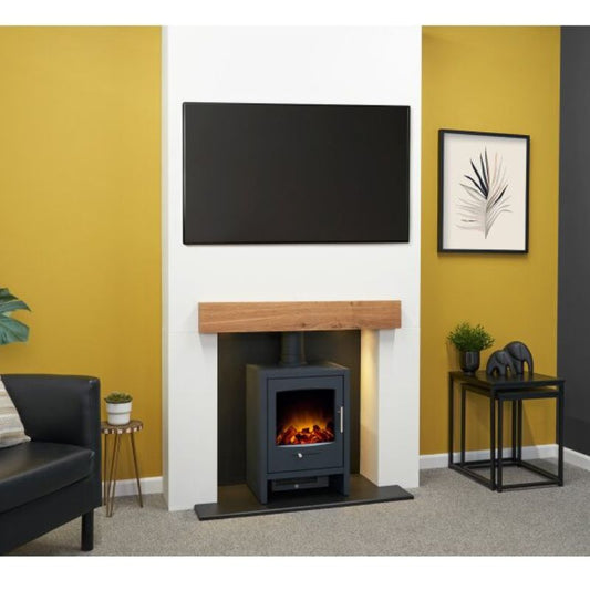 Acantha Pre-Built Stove Media Wall 1 with Bergen Electric Stove in Charcoal Grey