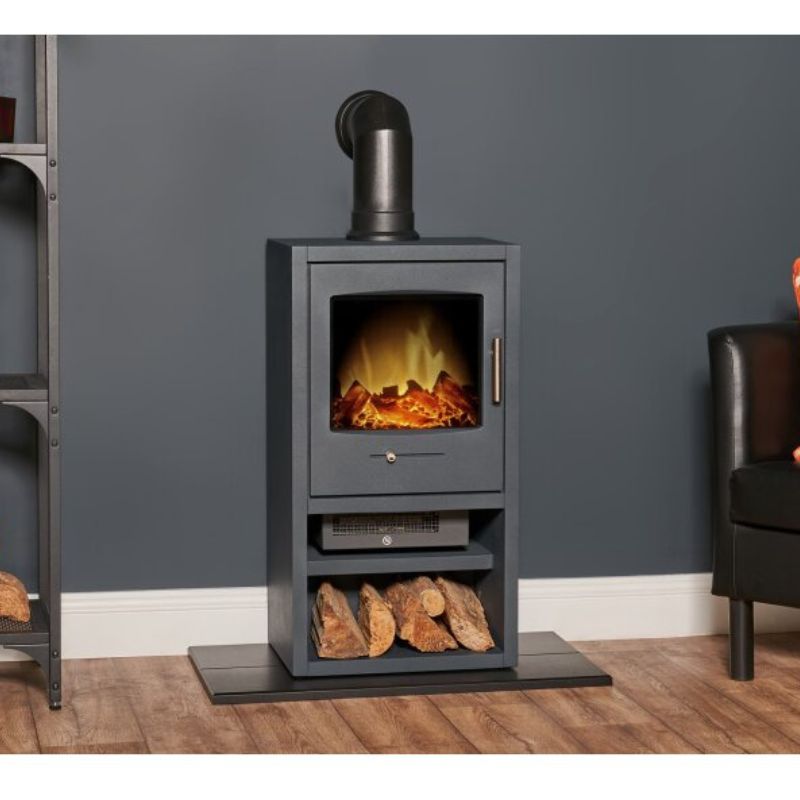 Adam Bergen XL Electric Stove in Charcoal Grey with Angled Stove Pipe in Black