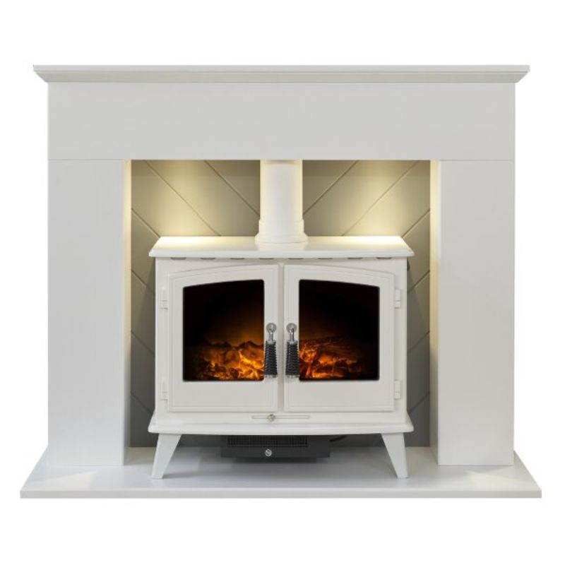 Adam Corinth Stove Fireplace in Pure White & Grey with Downlights & Woodhouse Electric Stove in Pure White, 48 Inch