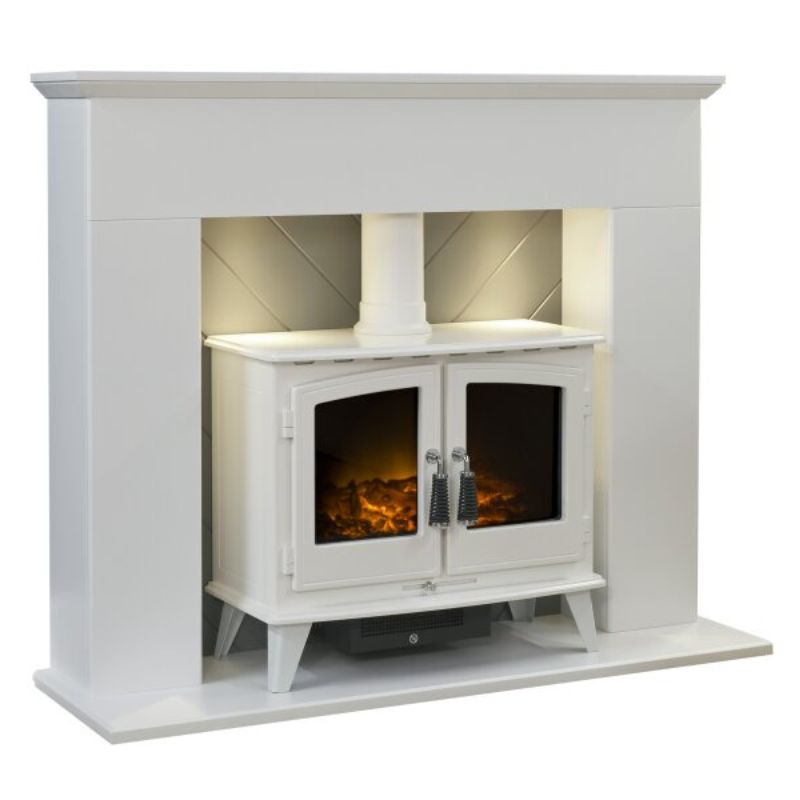 Adam Corinth Stove Fireplace in Pure White & Grey with Downlights & Woodhouse Electric Stove in Pure White, 48 Inch