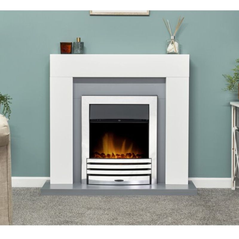 Adam Dakota Fireplace in Pure White & Grey with Eclipse Electric Fire in Chrome, 39 Inch