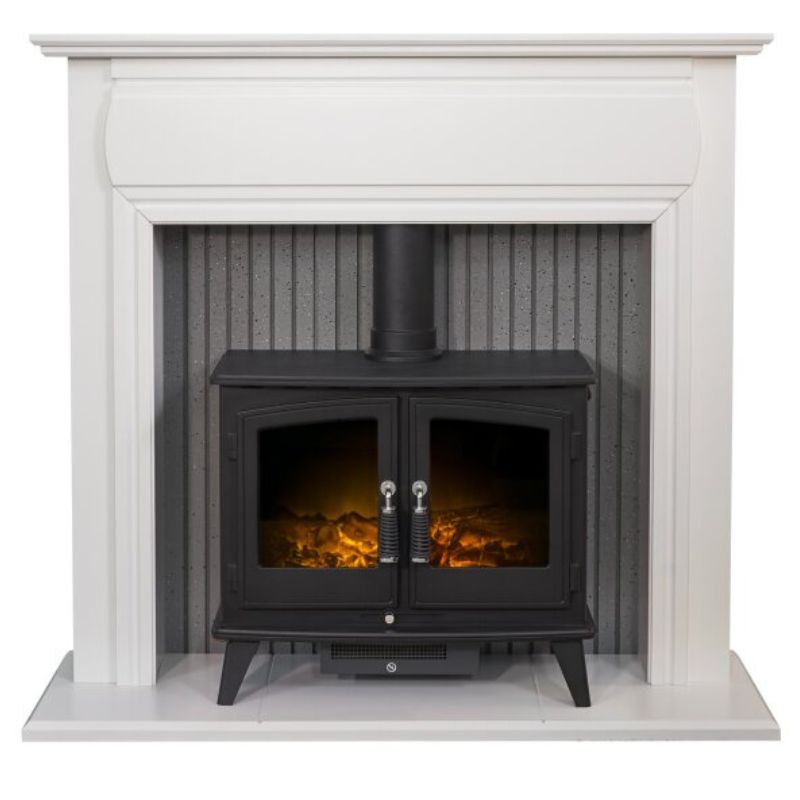 Adam Florence Stove Fireplace in Pure White with Woodhouse Electric Stove in Black, 48 Inch