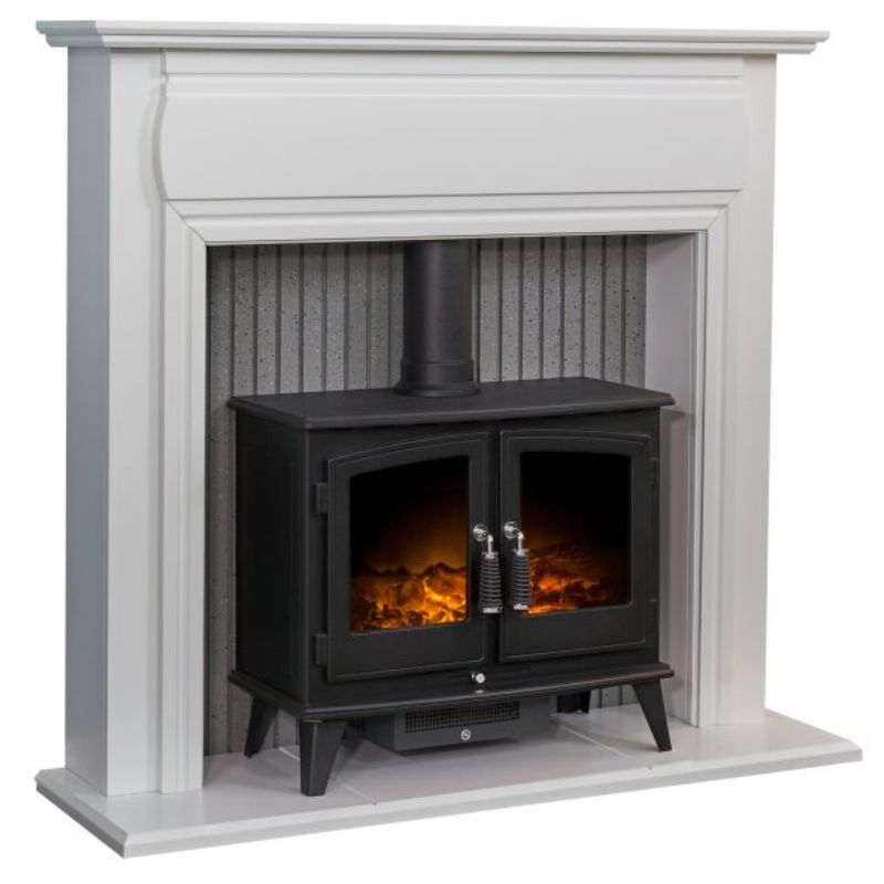Adam Florence Stove Fireplace in Pure White with Woodhouse Electric Stove in Black, 48 Inch