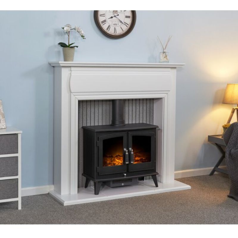 Adam Florence Stove Fireplace in Pure White with Woodhouse Electric Stove in Black, 48 Inch