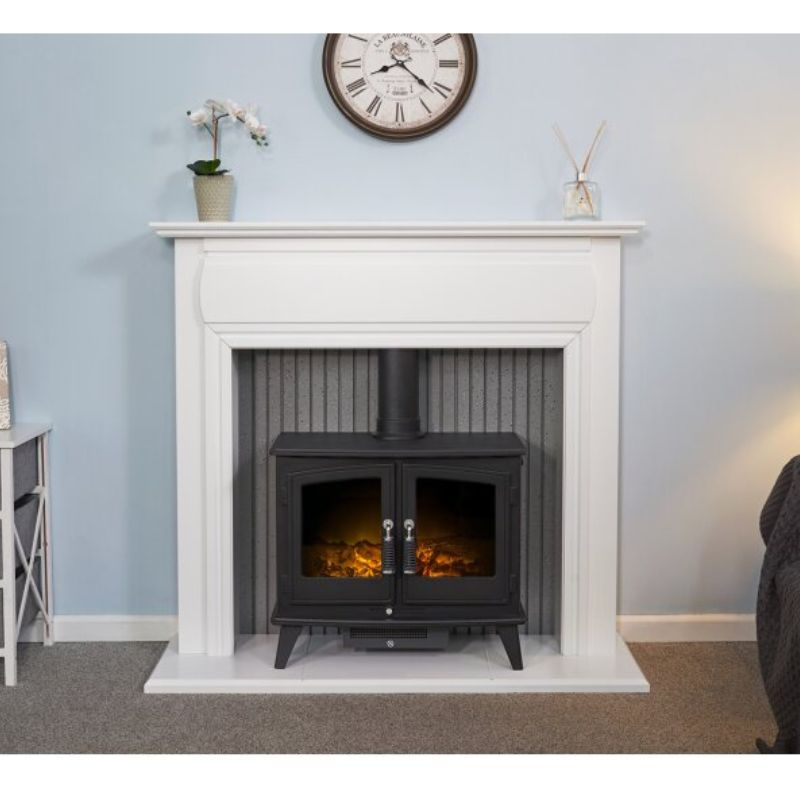 Adam Florence Stove Fireplace in Pure White with Woodhouse Electric Stove in Black, 48 Inch