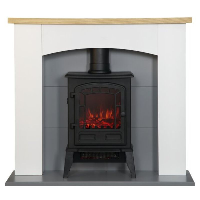 Adam Huxley in Pure White & Grey with Sureflame Ripon Electric Stove in Black, 39 Inch