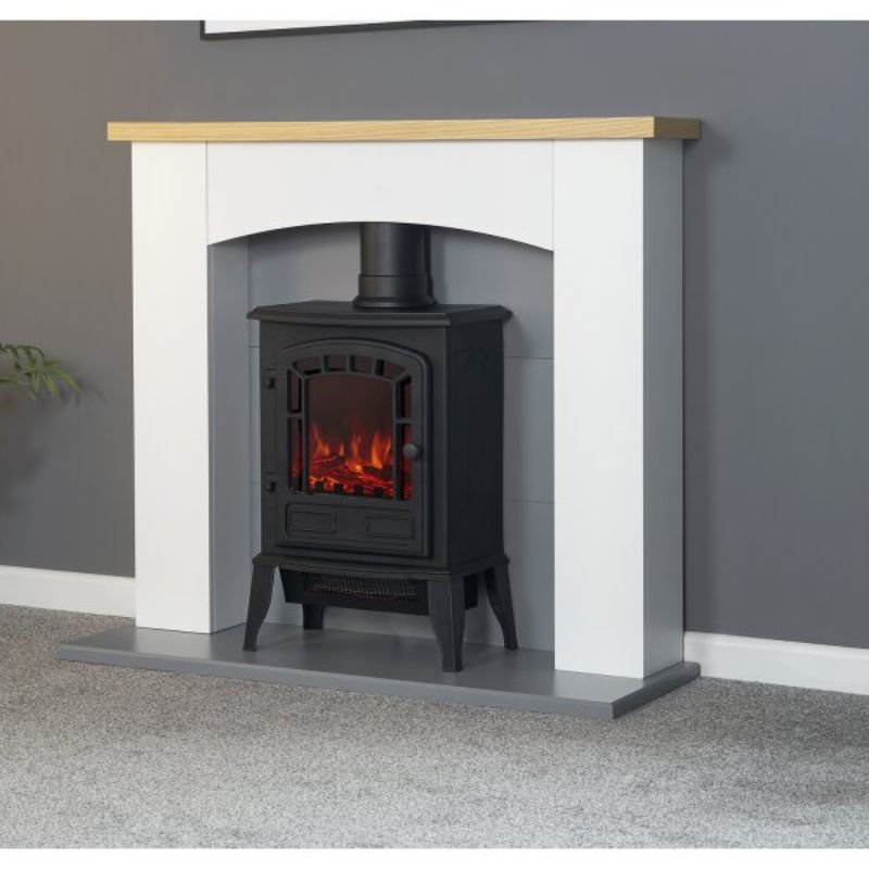 Adam Huxley in Pure White & Grey with Sureflame Ripon Electric Stove in Black, 39 Inch