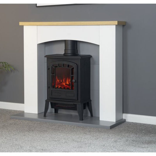 Adam Huxley in Pure White & Grey with Sureflame Ripon Electric Stove in Black, 39 Inch