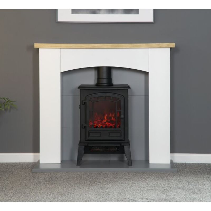 Adam Huxley in Pure White & Grey with Sureflame Ripon Electric Stove in Black, 39 Inch