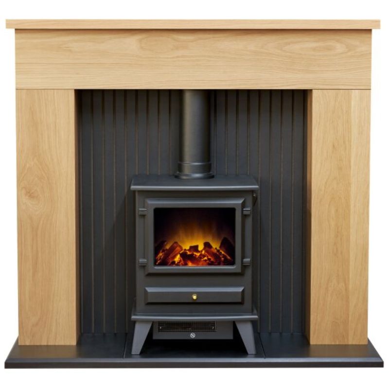 Adam Innsbruck Stove Fireplace in Oak with Hudson Electric Stove in Black, 45 Inch