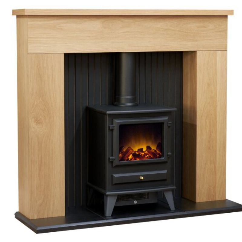 Adam Innsbruck Stove Fireplace in Oak with Hudson Electric Stove in Black, 45 Inch