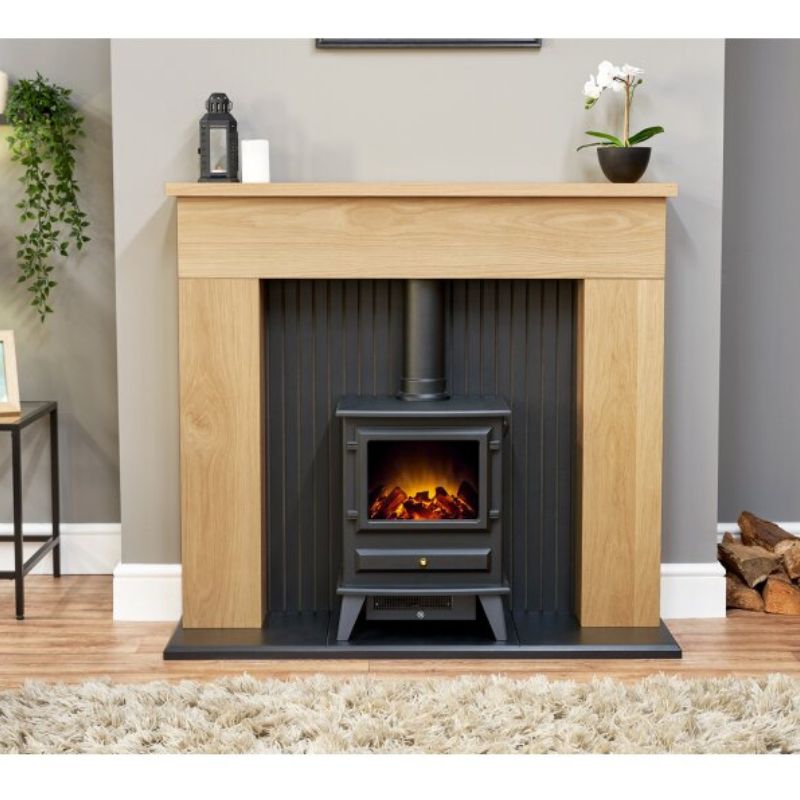 Adam Innsbruck Stove Fireplace in Oak with Hudson Electric Stove in Black, 45 Inch