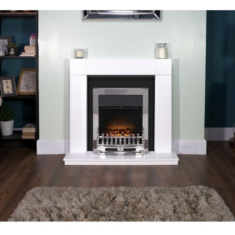 Adam Malmo Fireplace in Pure White & Black/White with Blenheim Electric Fire in Chrome, 39 Inch