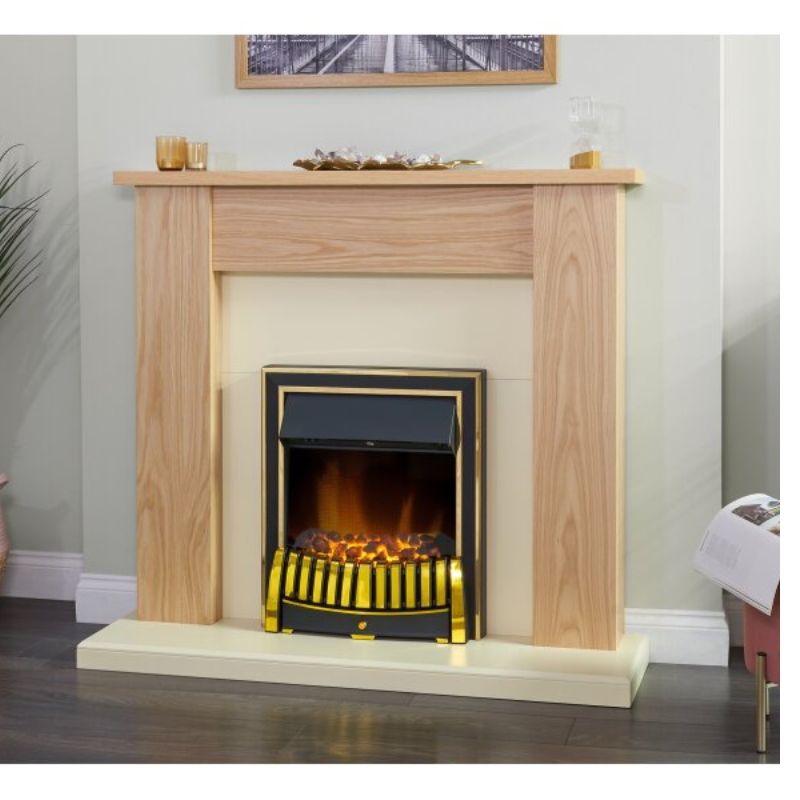 Adam New England Fireplace in Oak & Cream with Elan Electric Fire in Brass, 48 Inch