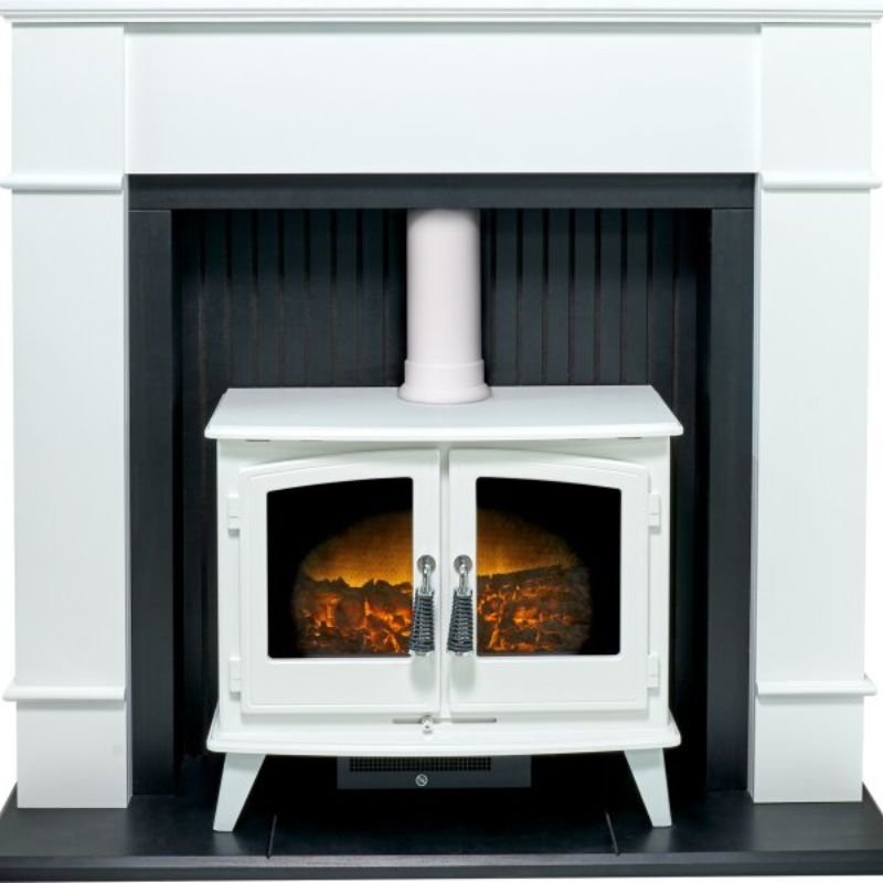 Adam Oxford Stove Fireplace in Pure White with Woodhouse White Electric Stove, 48 Inch