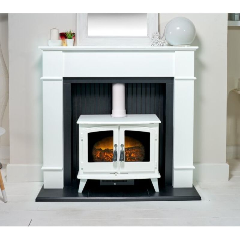 Adam Oxford Stove Fireplace in Pure White with Woodhouse White Electric Stove, 48 Inch