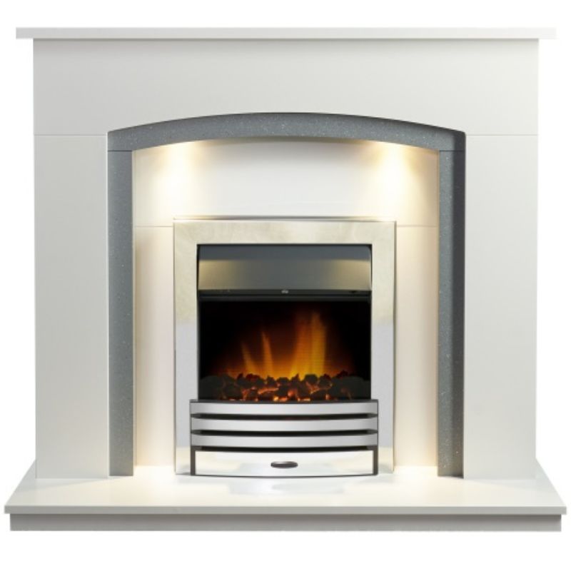 Adam Savanna Fireplace in Pure White & Grey with Downlights & Eclipse Electric Fire in Chrome, 48 Inch