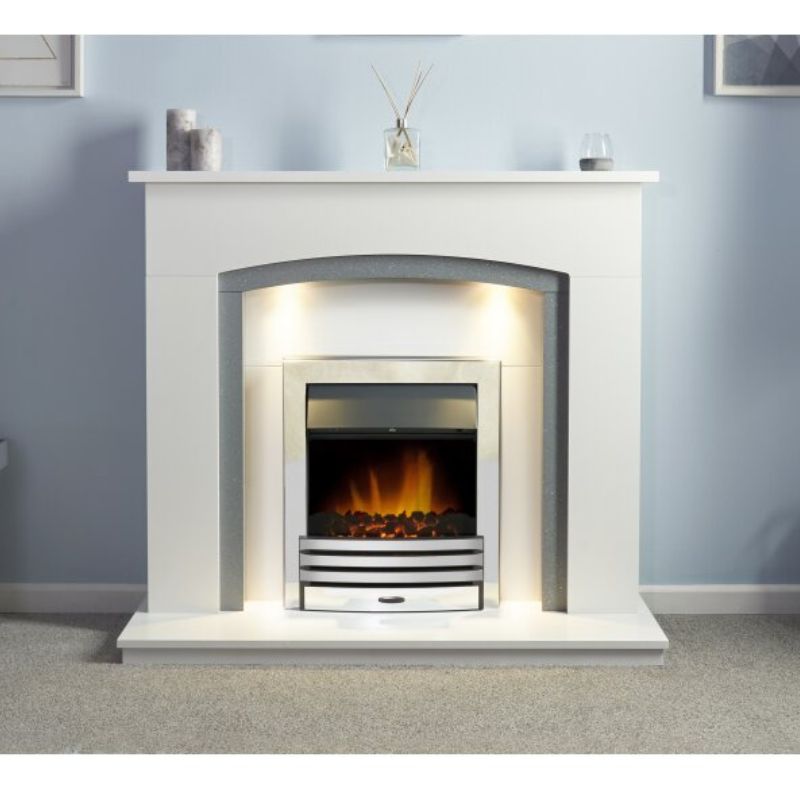 Adam Savanna Fireplace in Pure White & Grey with Downlights & Eclipse Electric Fire in Chrome, 48 Inch