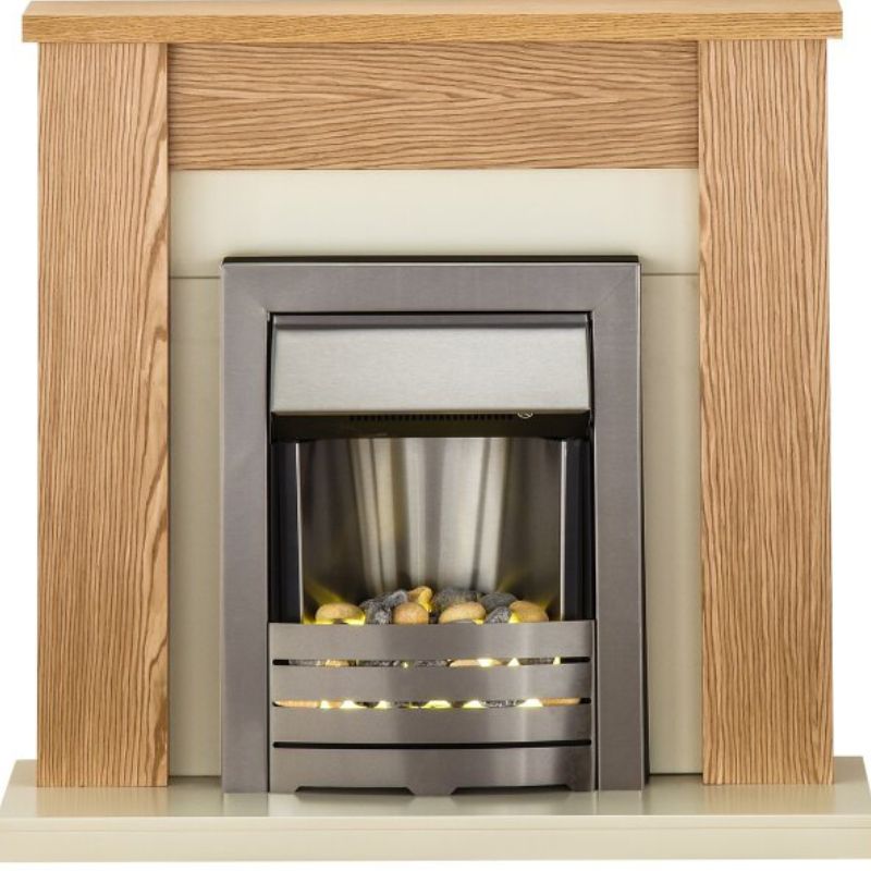 Adam Solus Fireplace in Oak with Helios Electric Fire in Brushed Steel, 39 Inch