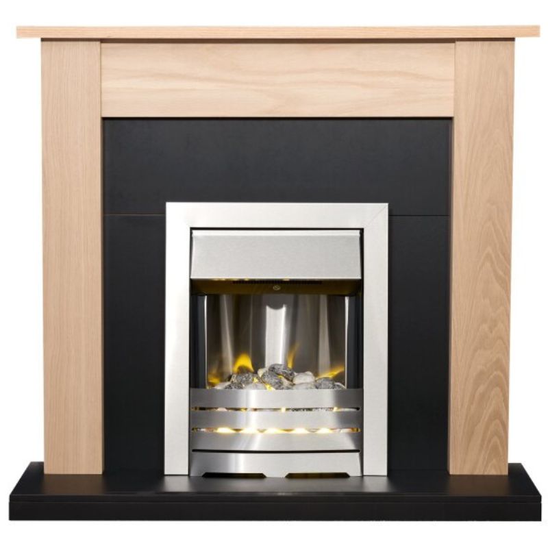 Adam Southwold Fireplace in Oak & Black with Helios Electric Fire in Brushed Steel, 43 Inch