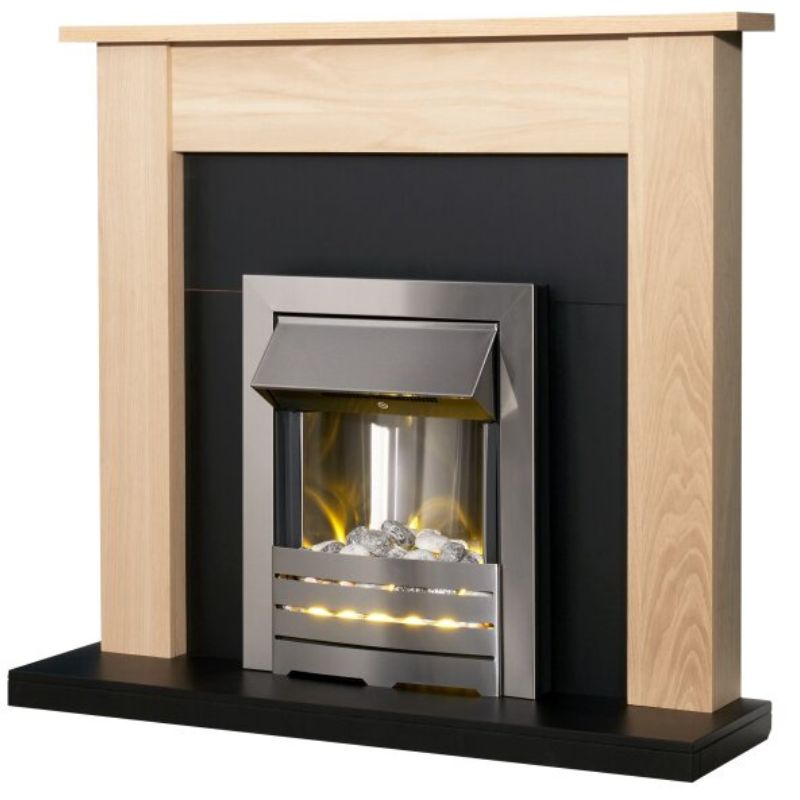 Adam Southwold Fireplace in Oak & Black with Helios Electric Fire in Brushed Steel, 43 Inch
