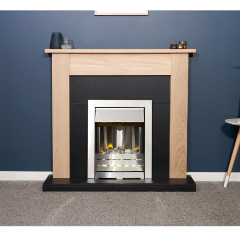 Adam Southwold Fireplace in Oak & Black with Helios Electric Fire in Brushed Steel, 43 Inch