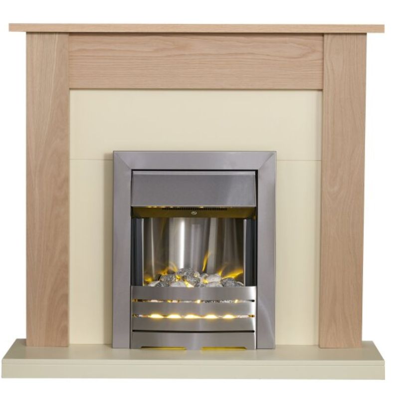 Adam Southwold Fireplace in Oak & Cream with Helios Electric Fire in Brushed Steel, 43 Inch