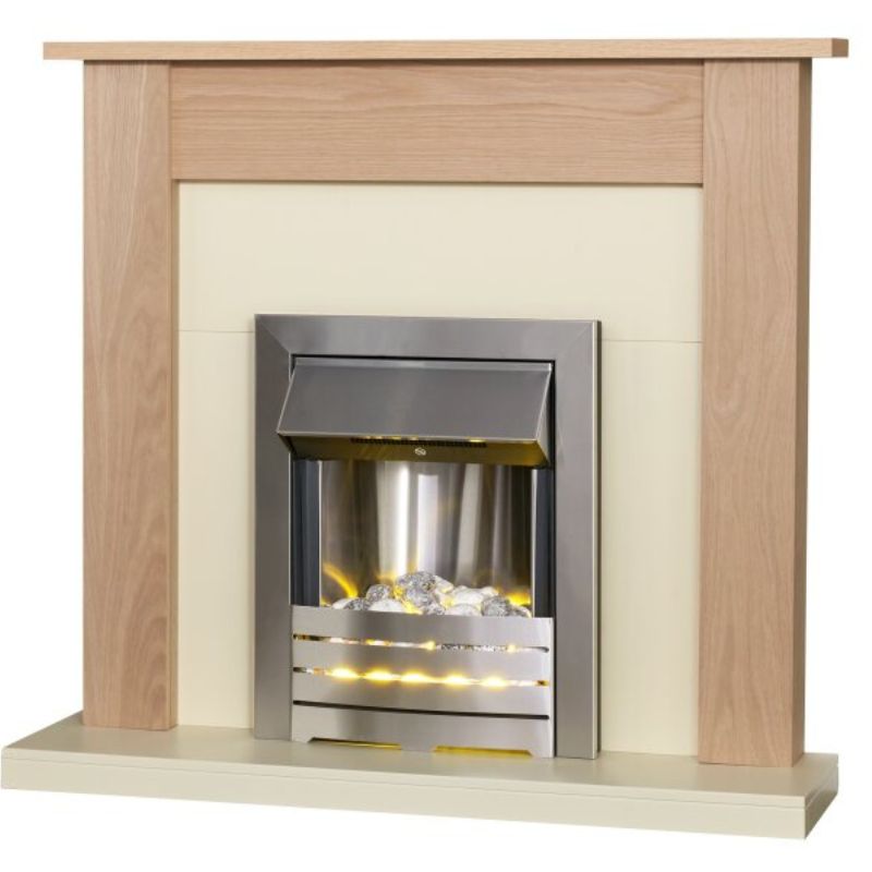 Adam Southwold Fireplace in Oak & Cream with Helios Electric Fire in Brushed Steel, 43 Inch
