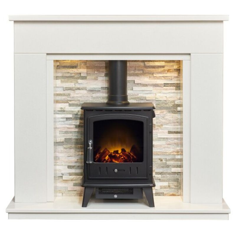 Acantha Amalfi White Marble Fireplace with Downlights & Aviemore Electric Stove in Black, 48 Inch