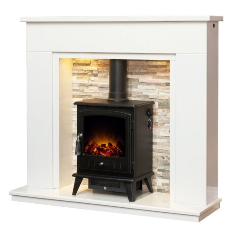 Acantha Amalfi White Marble Fireplace with Downlights & Aviemore Electric Stove in Black, 48 Inch