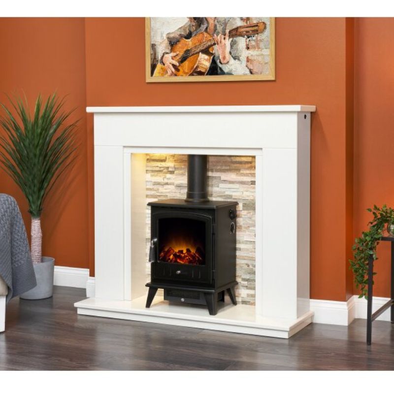 Acantha Amalfi White Marble Fireplace with Downlights & Aviemore Electric Stove in Black, 48 Inch