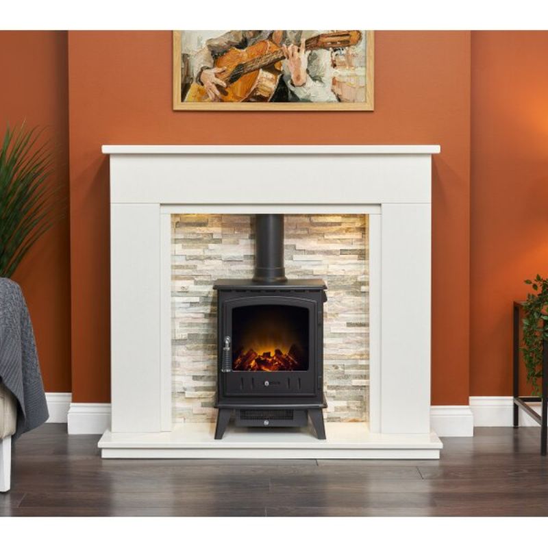 Acantha Amalfi White Marble Fireplace with Downlights & Aviemore Electric Stove in Black, 48 Inch