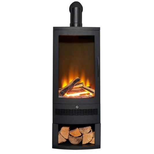 Acantha Horizon Electric Stove with Log Storage & Angled Stove Pipe in Black