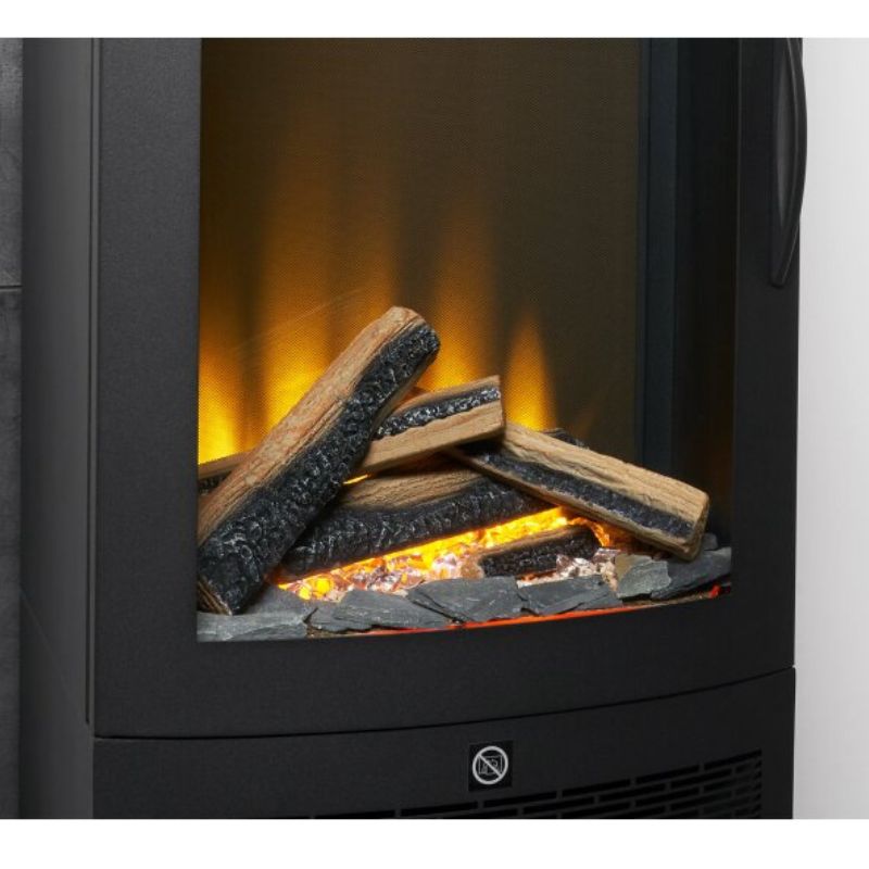 Acantha Horizon Electric Stove with Log Storage & Angled Stove Pipe in Black