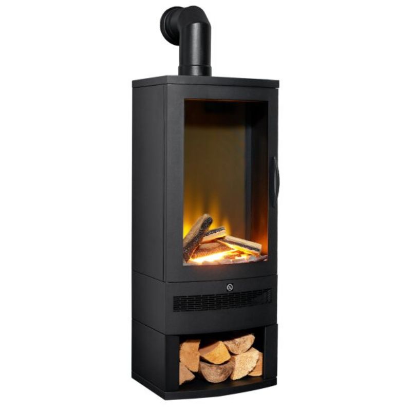 Acantha Horizon Electric Stove with Log Storage & Angled Stove Pipe in Black