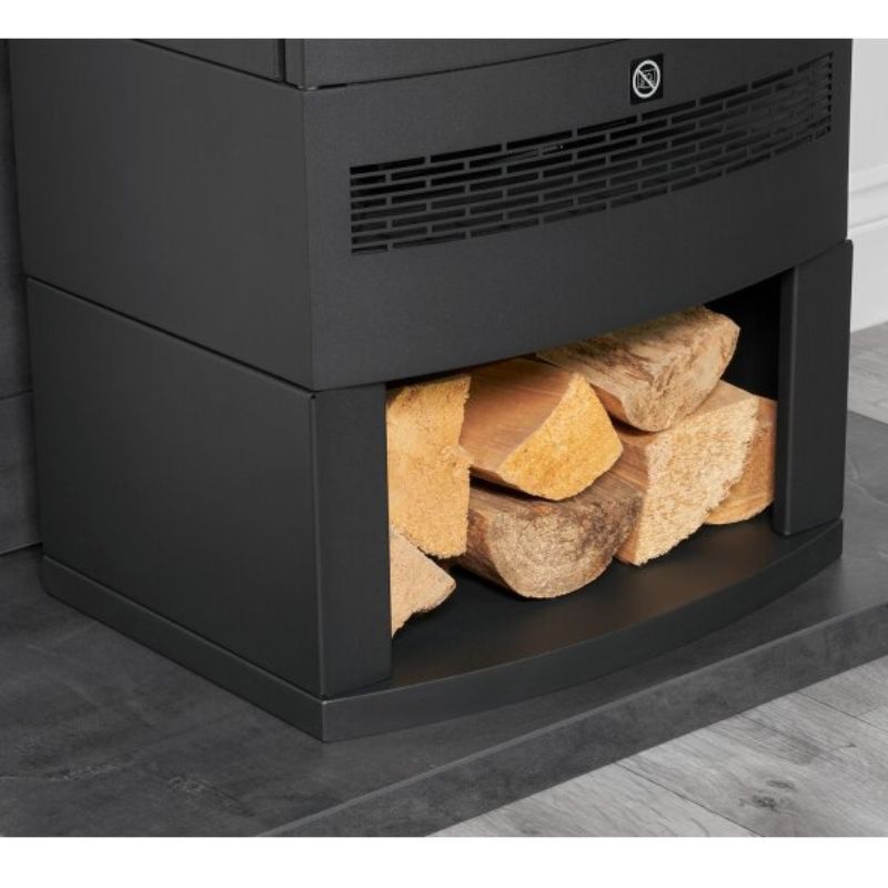 Acantha Horizon Electric Stove with Log Storage & Angled Stove Pipe in Black