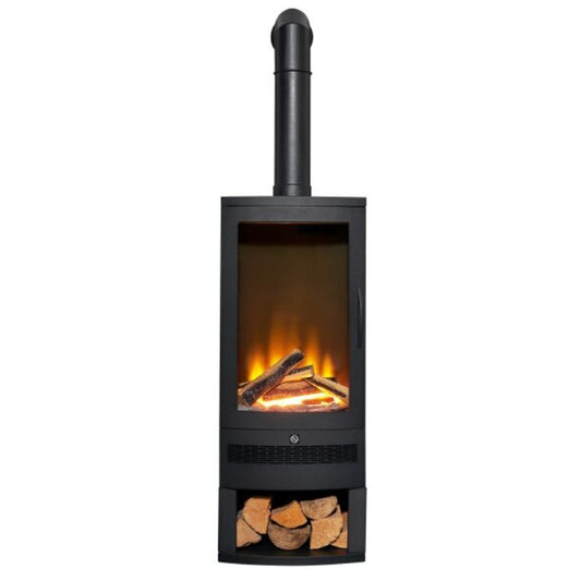 Acantha Horizon Electric Stove with Log Storage & Tall Angled Stove Pipe in Black