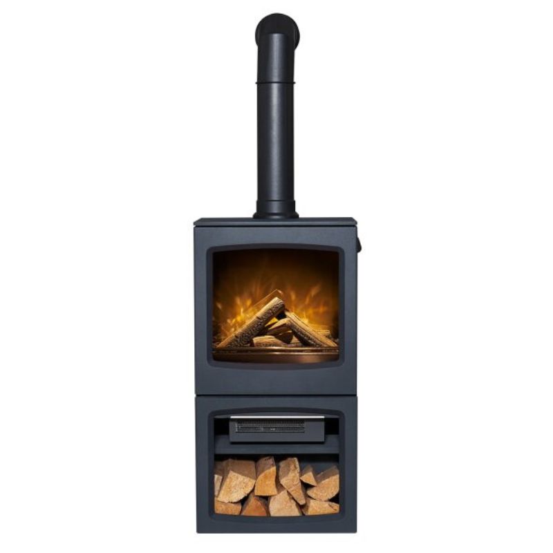 Acantha Lunar XL Electric Stove in Charcoal Grey with Tall Angled Pipe in Black