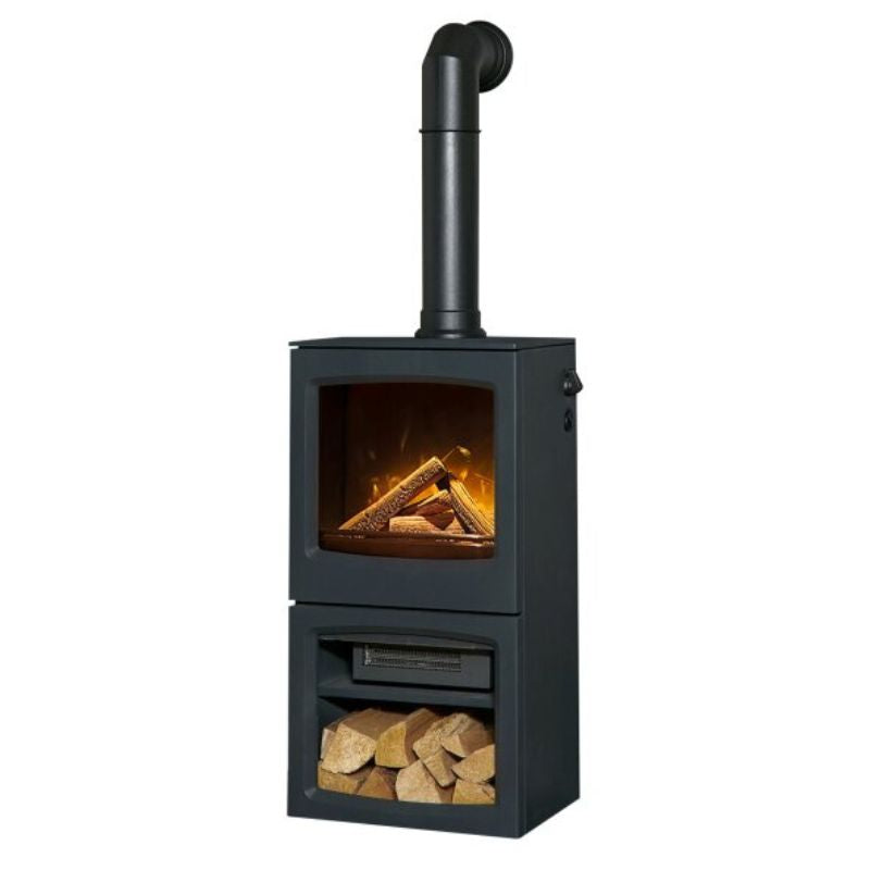 Acantha Lunar XL Electric Stove in Charcoal Grey with Tall Angled Pipe in Black