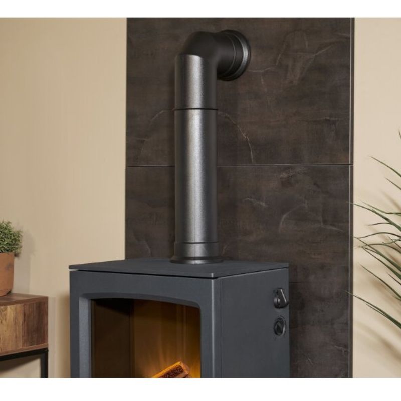 Acantha Lunar XL Electric Stove in Charcoal Grey with Tall Angled Pipe in Black